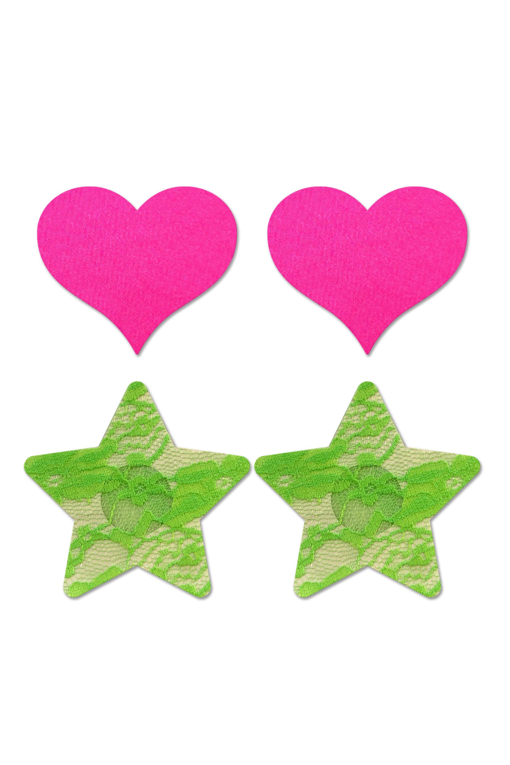 Fashion Pasties Set - Neon Pink Satin Heart and Neon Green Lace Star - Not Very Vanilla