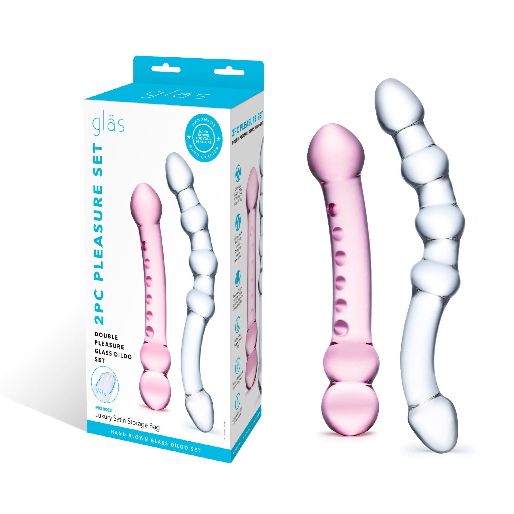 2 Pc Double Pleasure Glass Dildo Set - Pink/clear - Not Very Vanilla