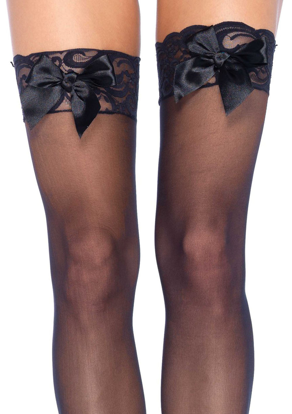 Sheer Lace Top Thigh Highs With Satin Bow Accent - One Size - Black - Not Very Vanilla