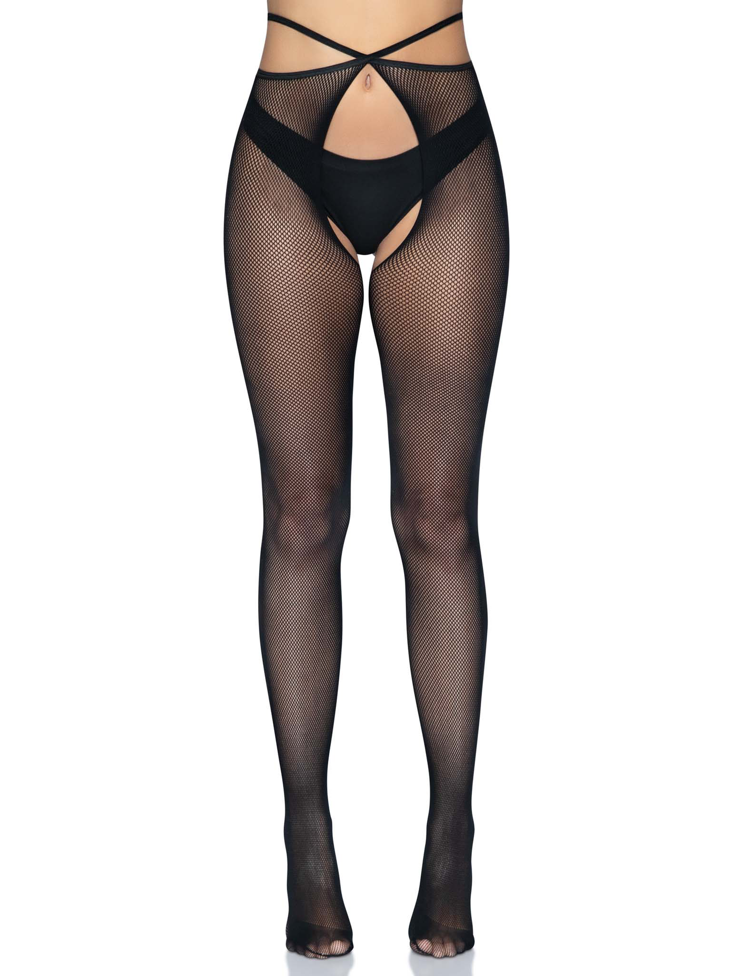 Micro Net Strappy Crotchless Tights - One Size - Black - Not Very Vanilla