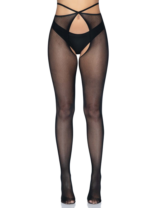 Micro Net Strappy Crotchless Tights - One Size - Black - Not Very Vanilla