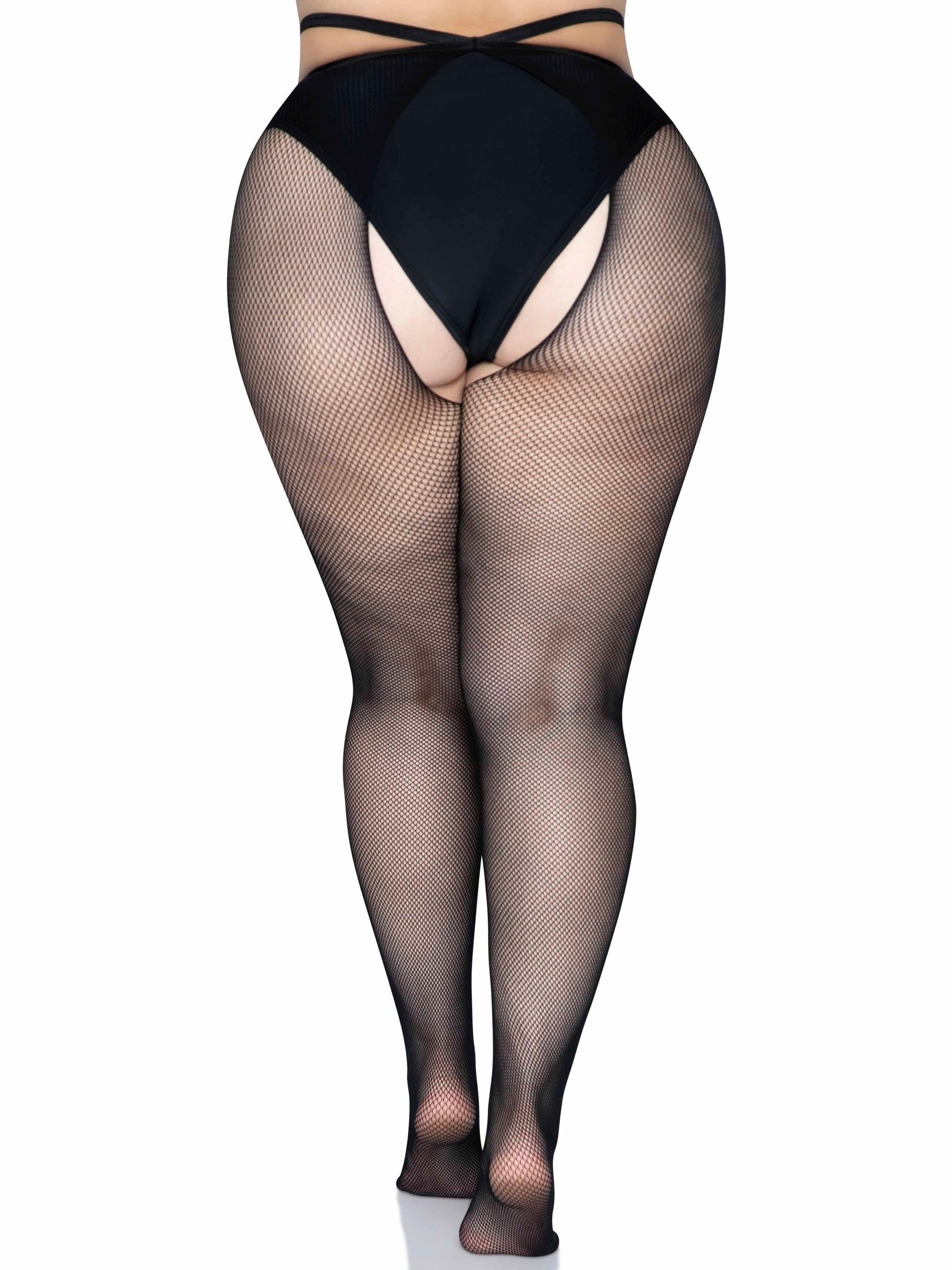 Micro Net Strappy Crotchless Tights - 1x/2x - Black - Not Very Vanilla