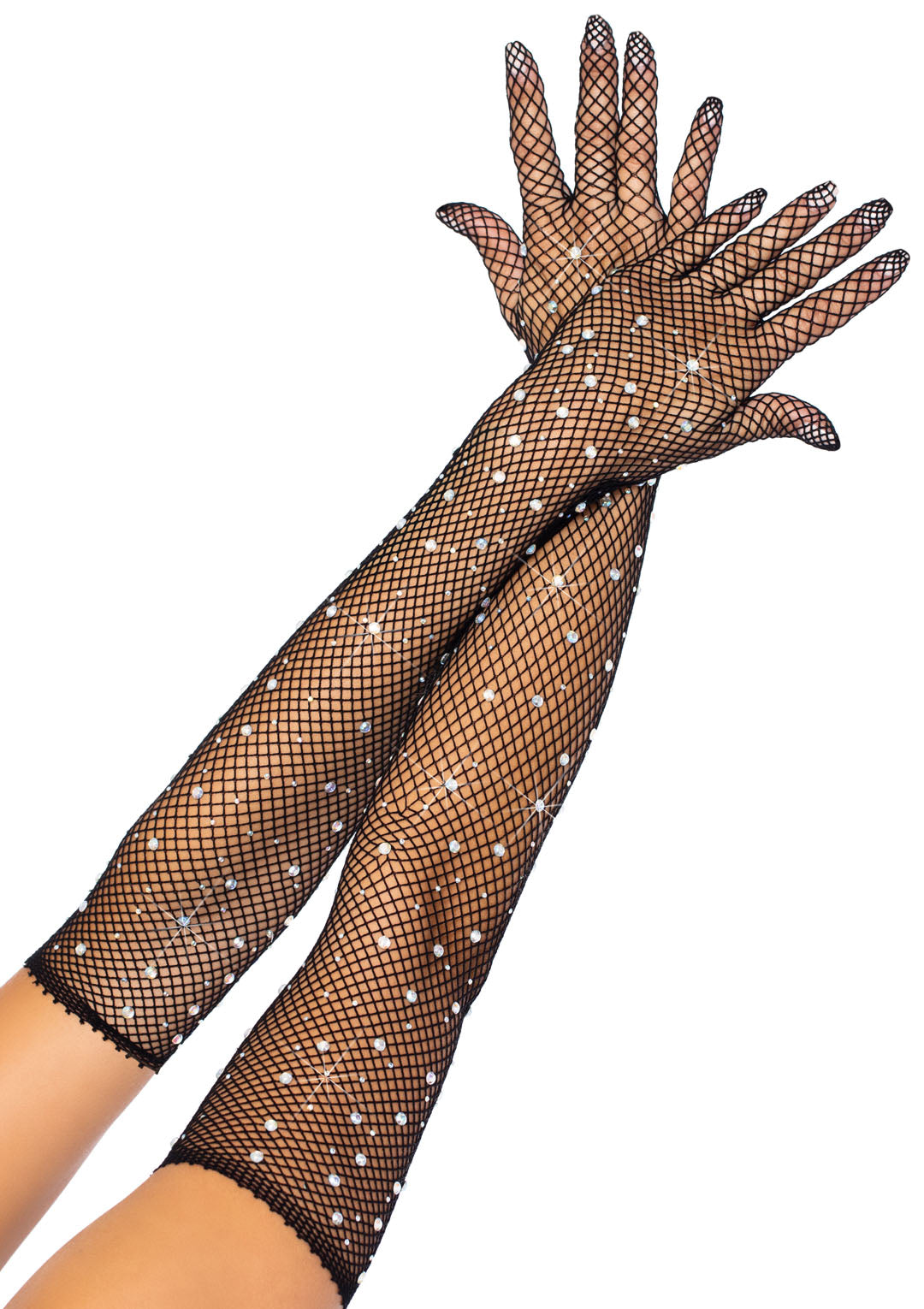 Rhinestone Fishnet Long Gloves - Black - Not Very Vanilla