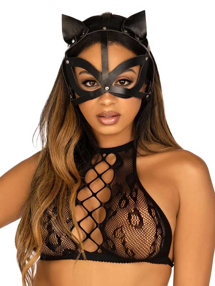 Vegan Leather Studded Cat Mask - Black - Not Very Vanilla