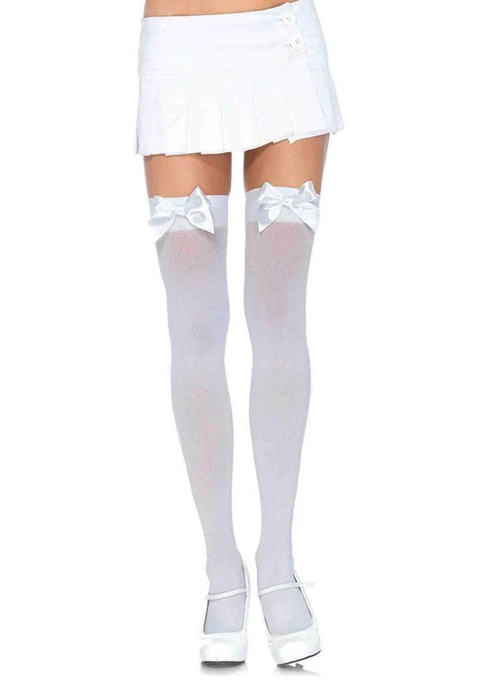 Opaque Thigh Highs With Satin Bow Accent - One Size - White - Not Very Vanilla