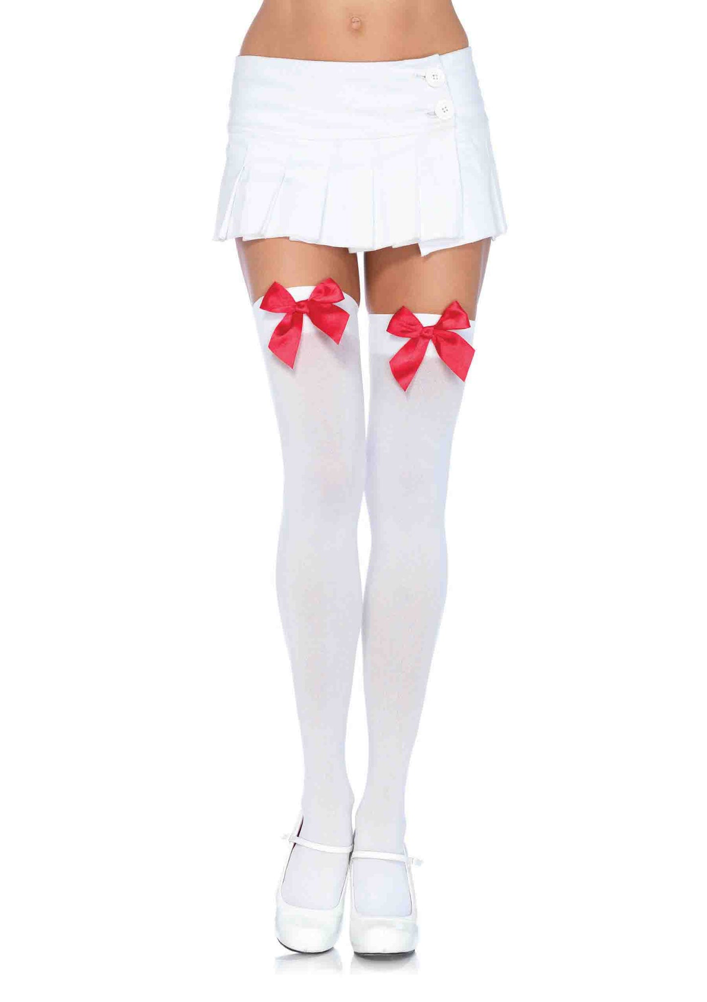 Nylon Over the Knee Socks - White With Red Bow - Not Very Vanilla