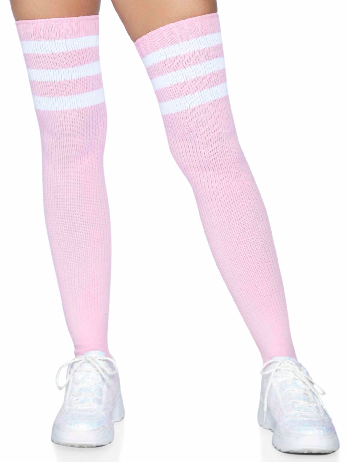 3 Stripes Athletic Ribbed Thigh Highs - One Size - Light Pink - Not Very Vanilla