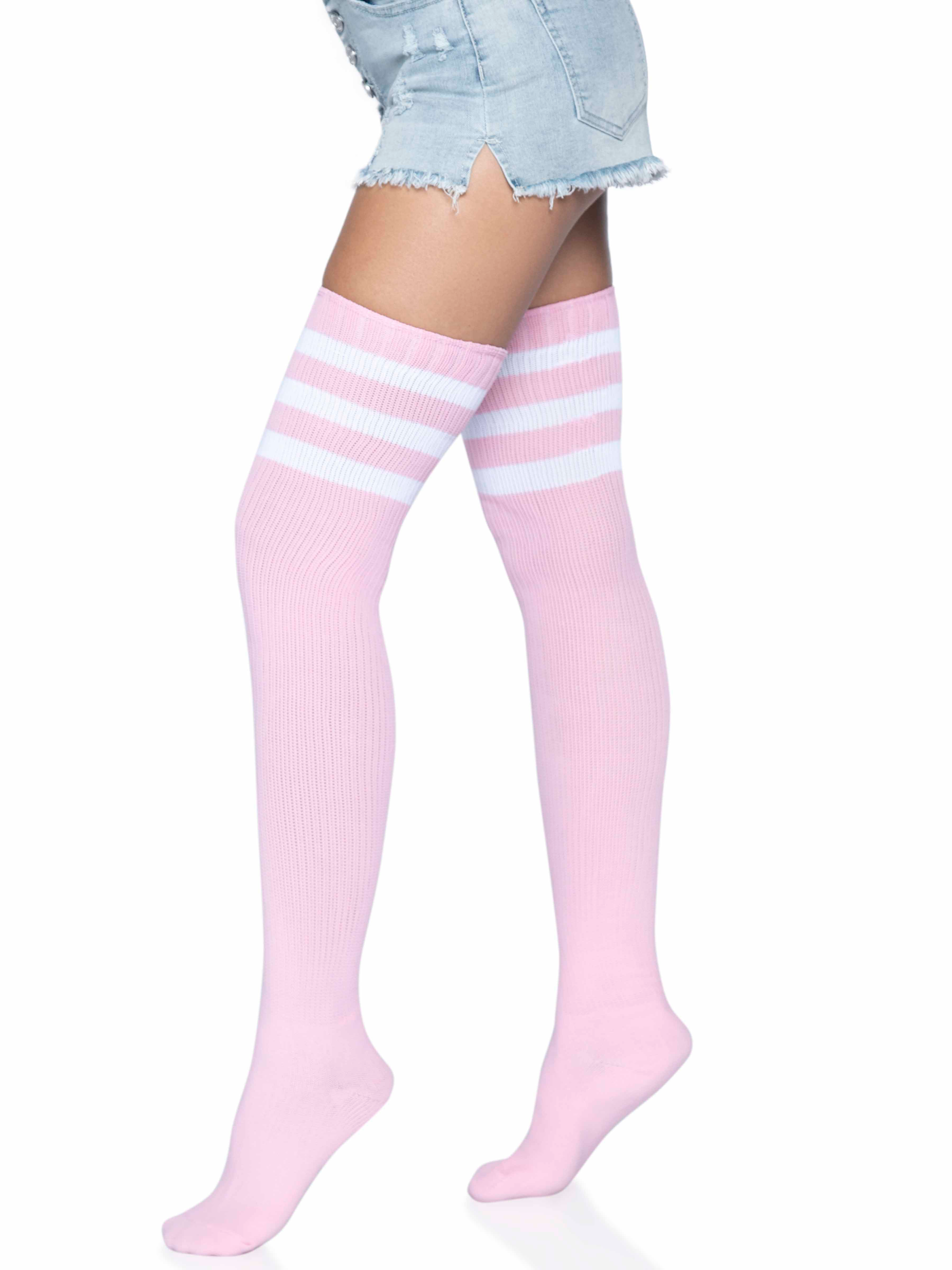 3 Stripes Athletic Ribbed Thigh Highs - One Size - Light Pink - Not Very Vanilla