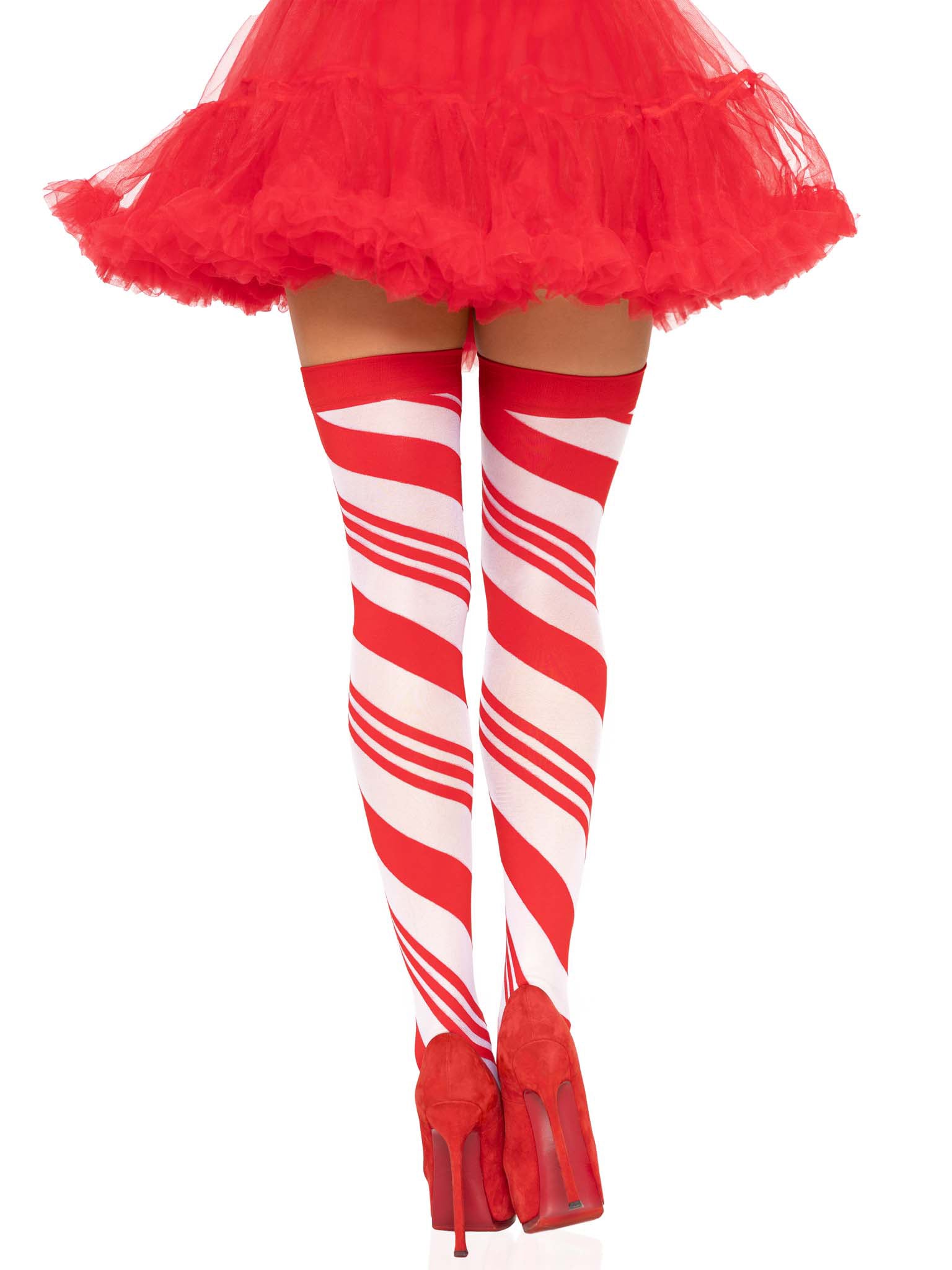 Candy Cane Thigh High - One Size - White/red - Not Very Vanilla