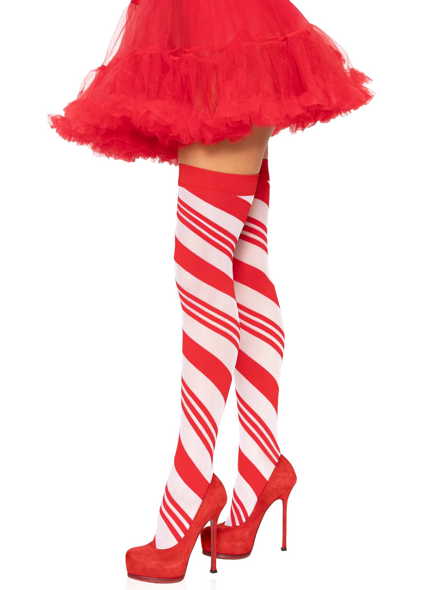 Candy Cane Thigh High - One Size - White/red - Not Very Vanilla