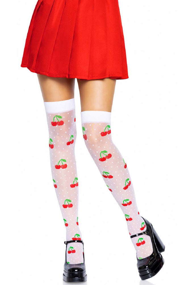 Sheer Polka Dot Cherry Thigh Highs - One Size - White/red - Not Very Vanilla