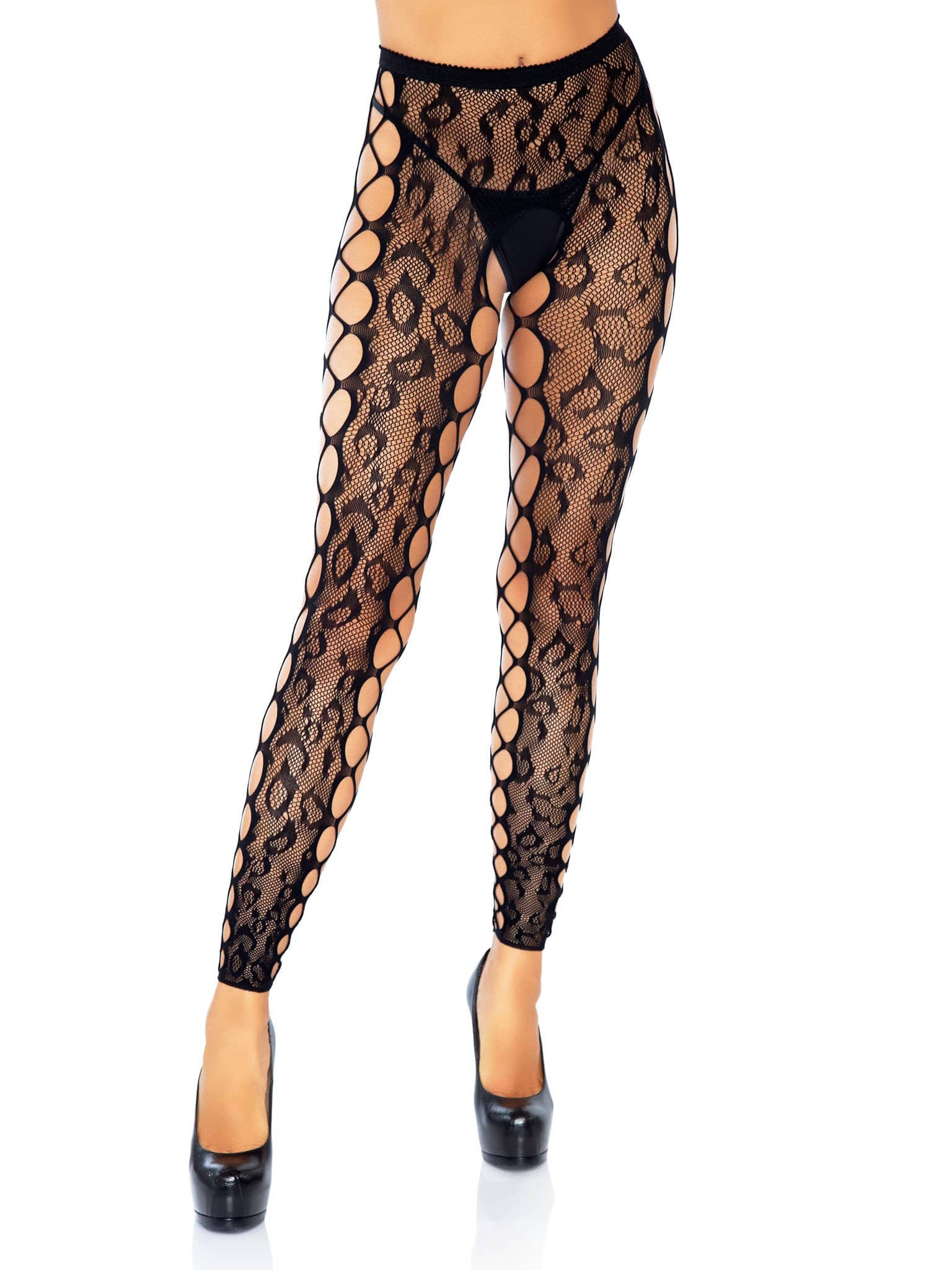 Footless Leopard Lace Crotchless Tights - Black - Not Very Vanilla