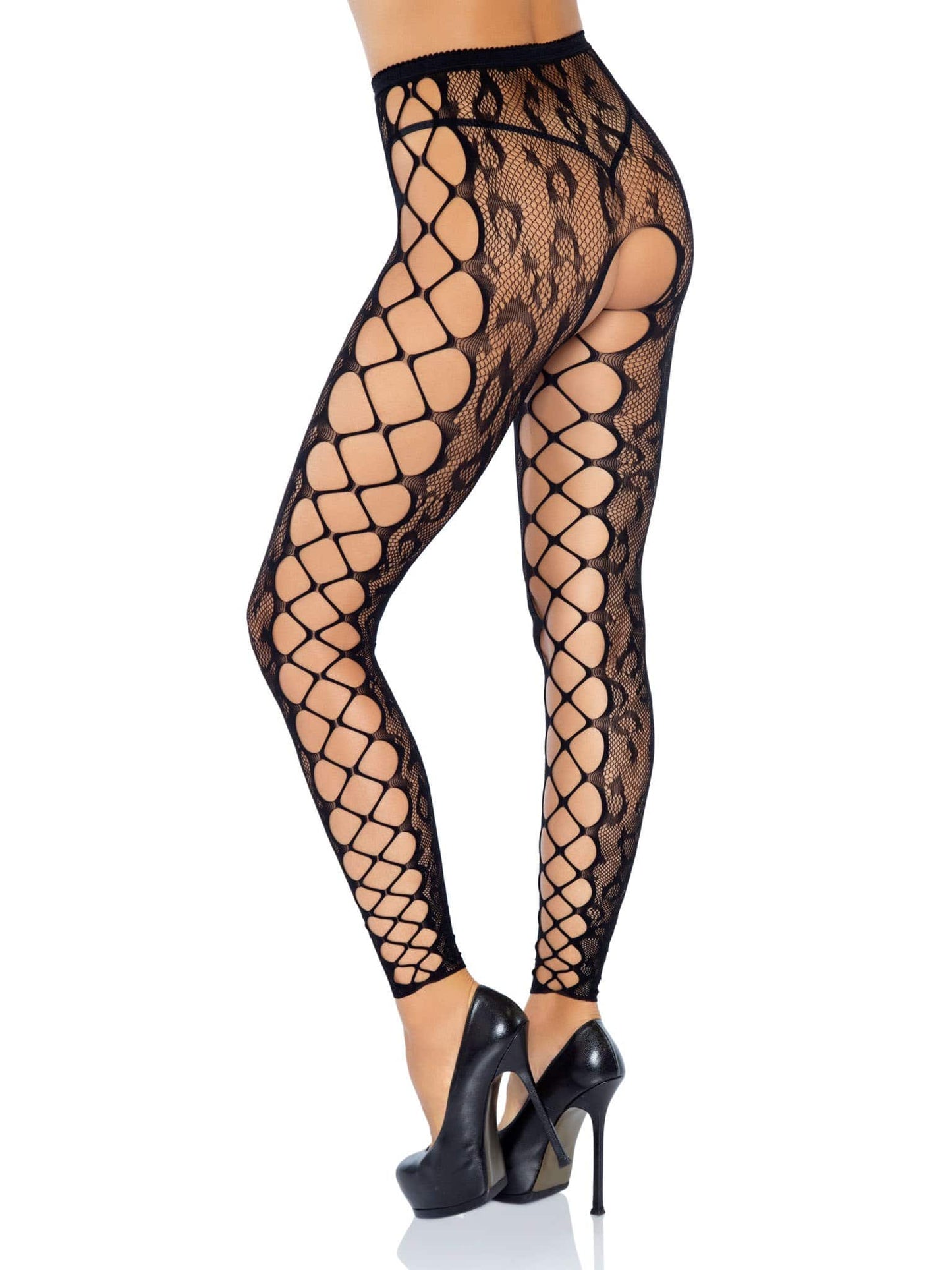 Footless Leopard Lace Crotchless Tights - Black - Not Very Vanilla