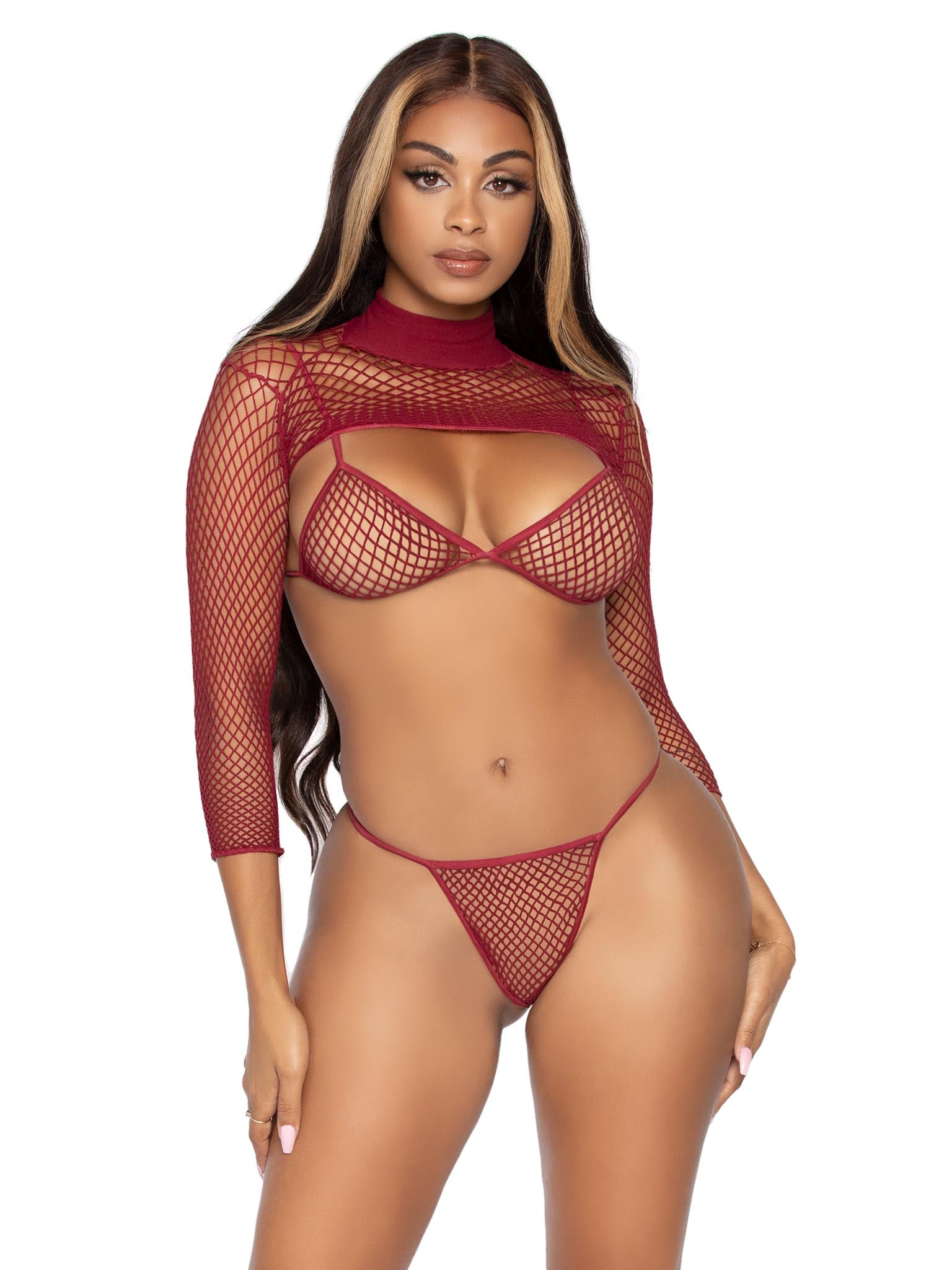 3 Pc Industrial Net Bikini Top G-String and Long Sleeved Crop Top - One Size - Burgundy - Not Very Vanilla