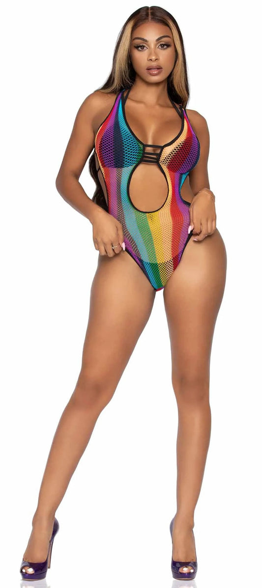 Rainbow Fishnet Cut Out Bodysuit With Strappy Bikini Back - One Size - Multicolor - Not Very Vanilla