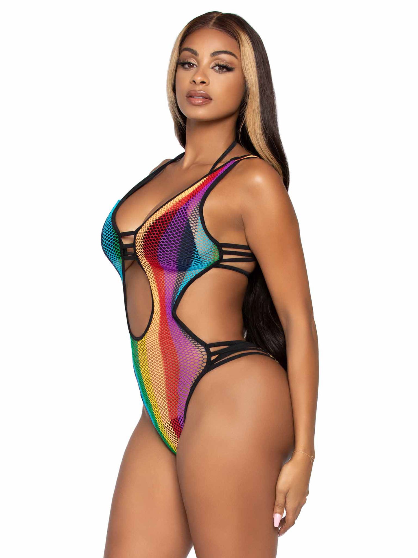 Rainbow Fishnet Cut Out Bodysuit With Strappy Bikini Back - One Size - Multicolor - Not Very Vanilla