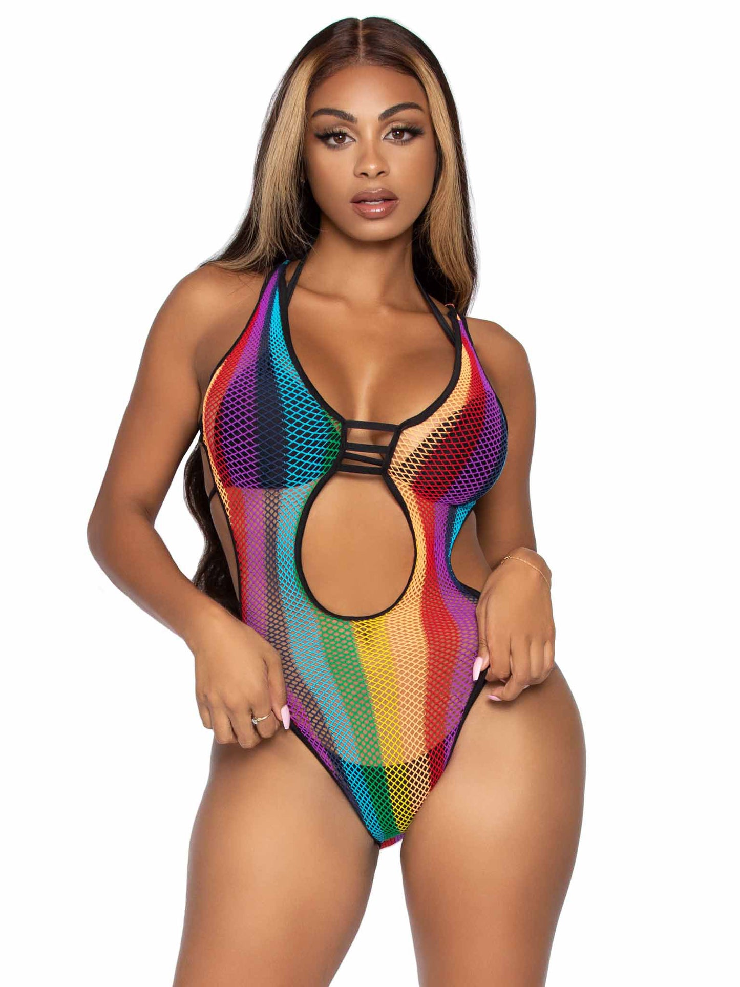 Rainbow Fishnet Cut Out Bodysuit With Strappy Bikini Back - One Size - Multicolor - Not Very Vanilla