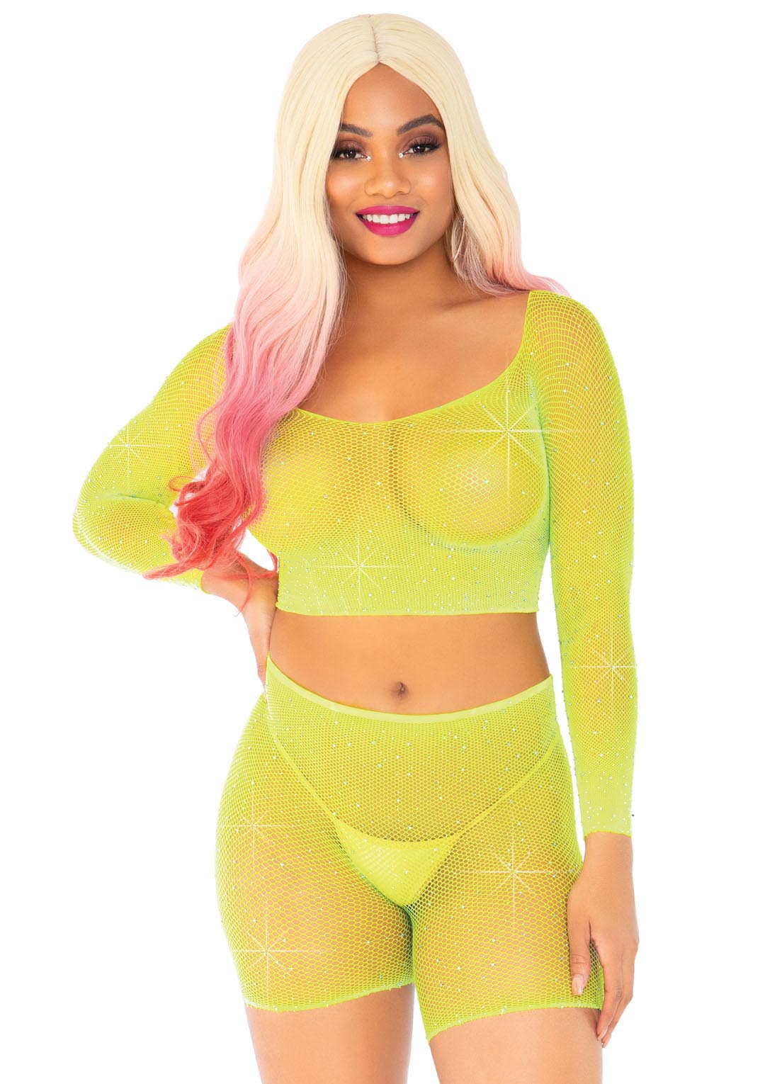 2 Pc Rhinestone Fishnet Crop Top and Biker Shorts - One Size - Neon Yellow - Not Very Vanilla