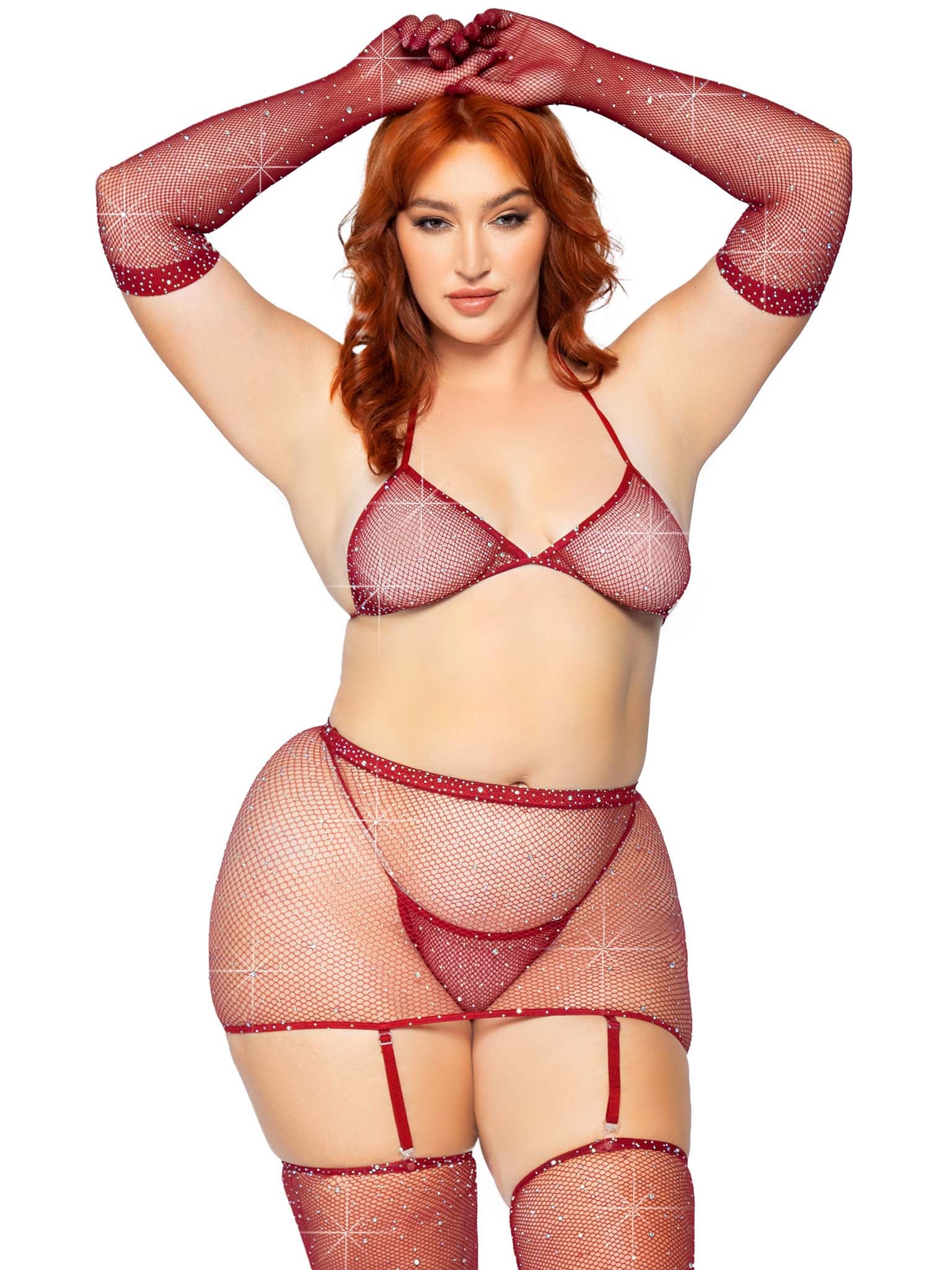 5 Pc Rhinestone Bikini Top G-String Garter Skirt, Gloves and Stockings - Queen Size - Burgundy - Not Very Vanilla