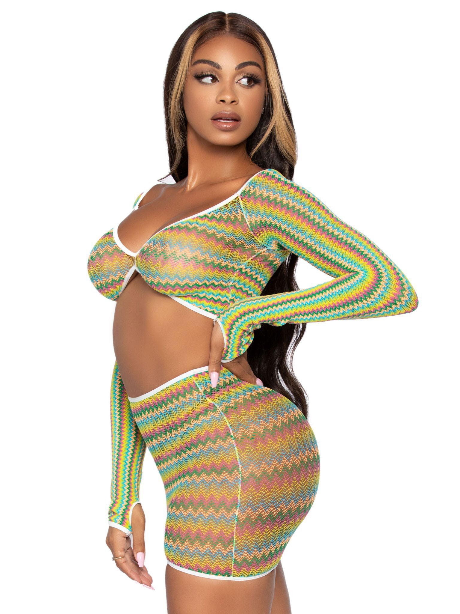 2 Pc Zig Zag Net Crop Top and Mini Dress - One Size - Green - Not Very Vanilla