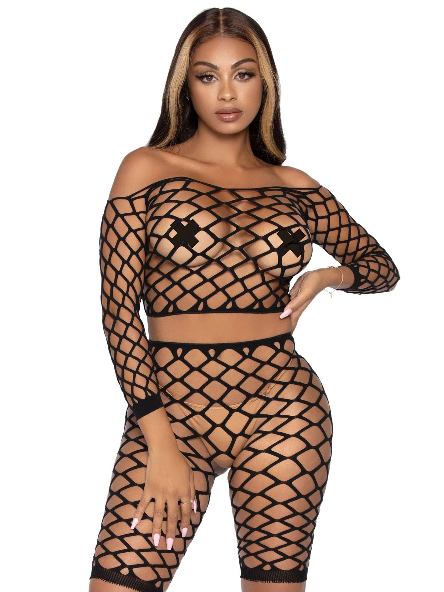 2 Pc Net Crop Top and Bike Shorts - One Size - Black - Not Very Vanilla