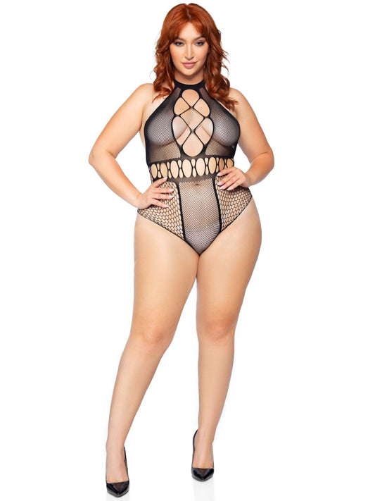 Multi Net Halter Bodysuit - 1x/2x - Black - Not Very Vanilla