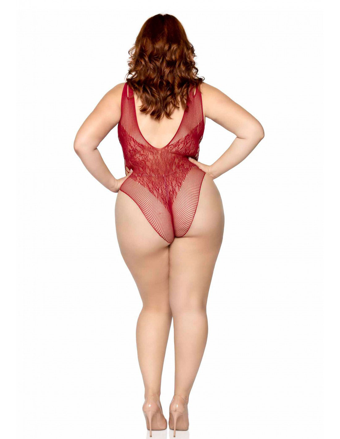 Net and Lace Bodysuit - 1x/2x - Burgundy - Not Very Vanilla