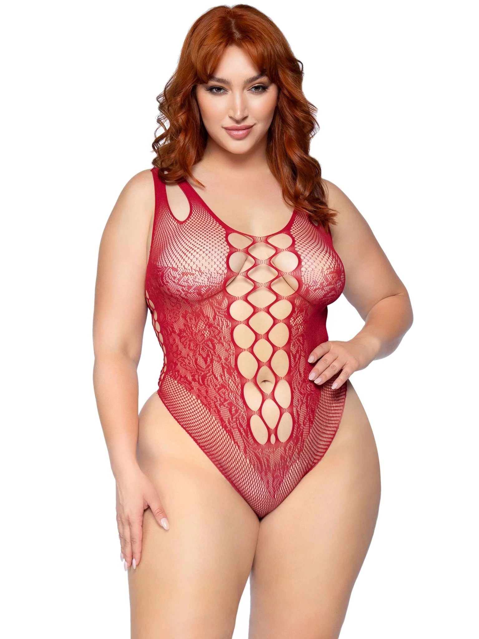 Net and Lace Bodysuit - 1x/2x - Burgundy - Not Very Vanilla