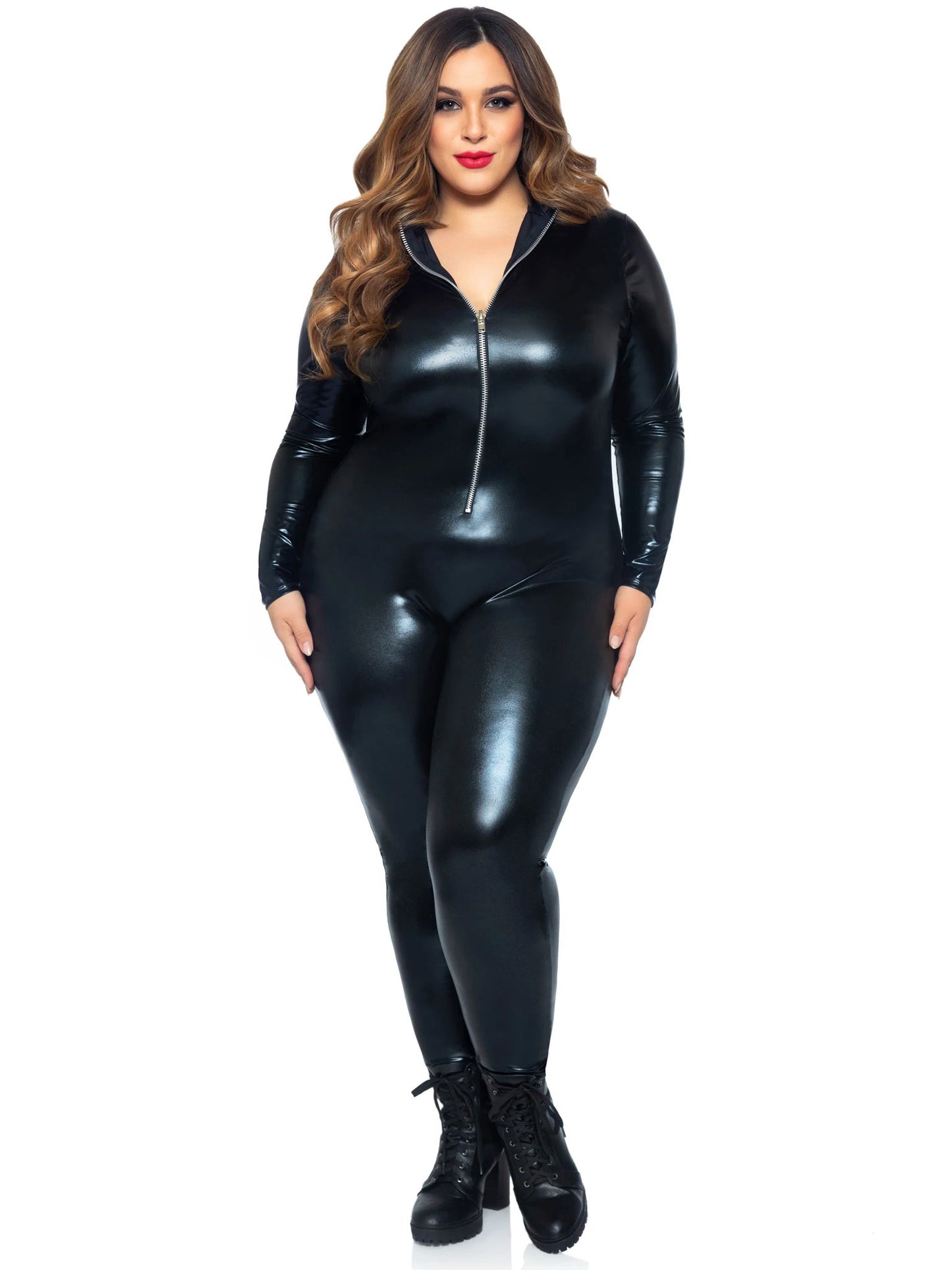 Lame Zipper Front Catsuit - 1x/2x - Black - Not Very Vanilla