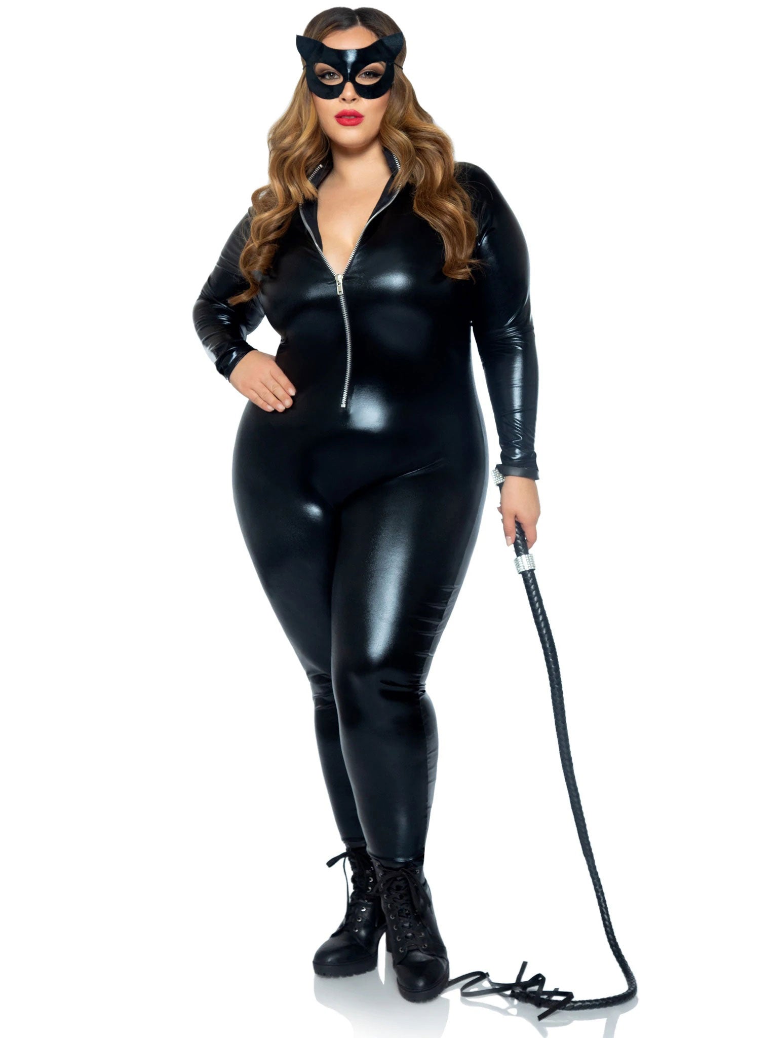 Lame Zipper Front Catsuit - 1x/2x - Black - Not Very Vanilla