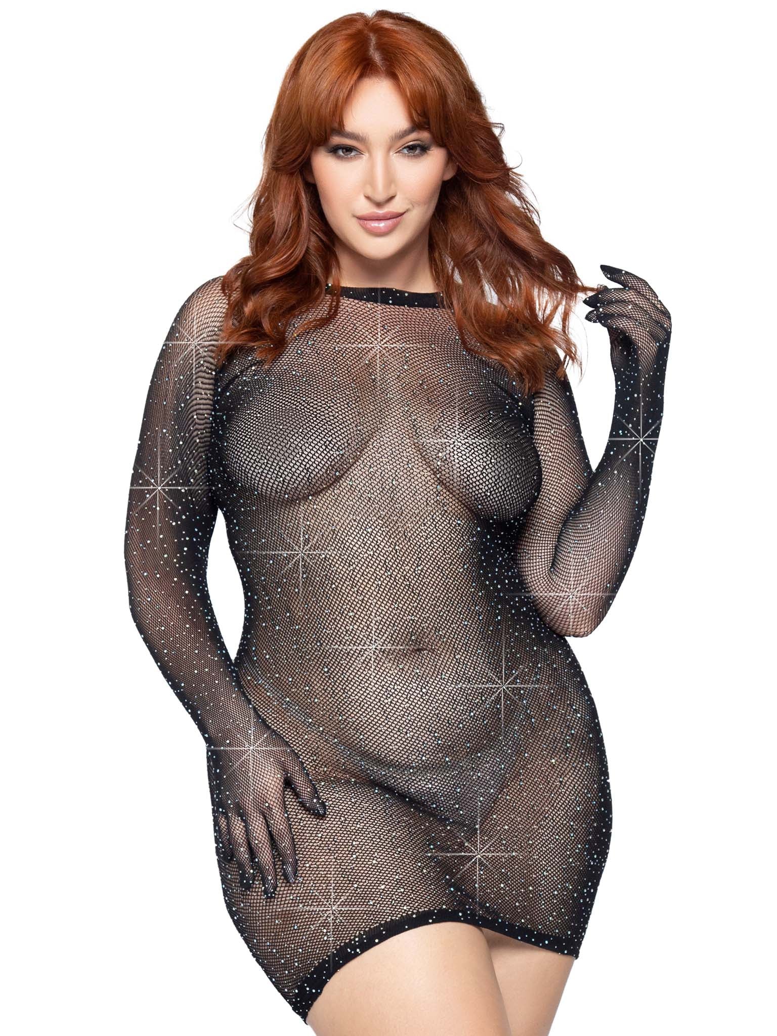 Rhinestone Fishnet Gloved Dress - 1x/2x - Not Very Vanilla