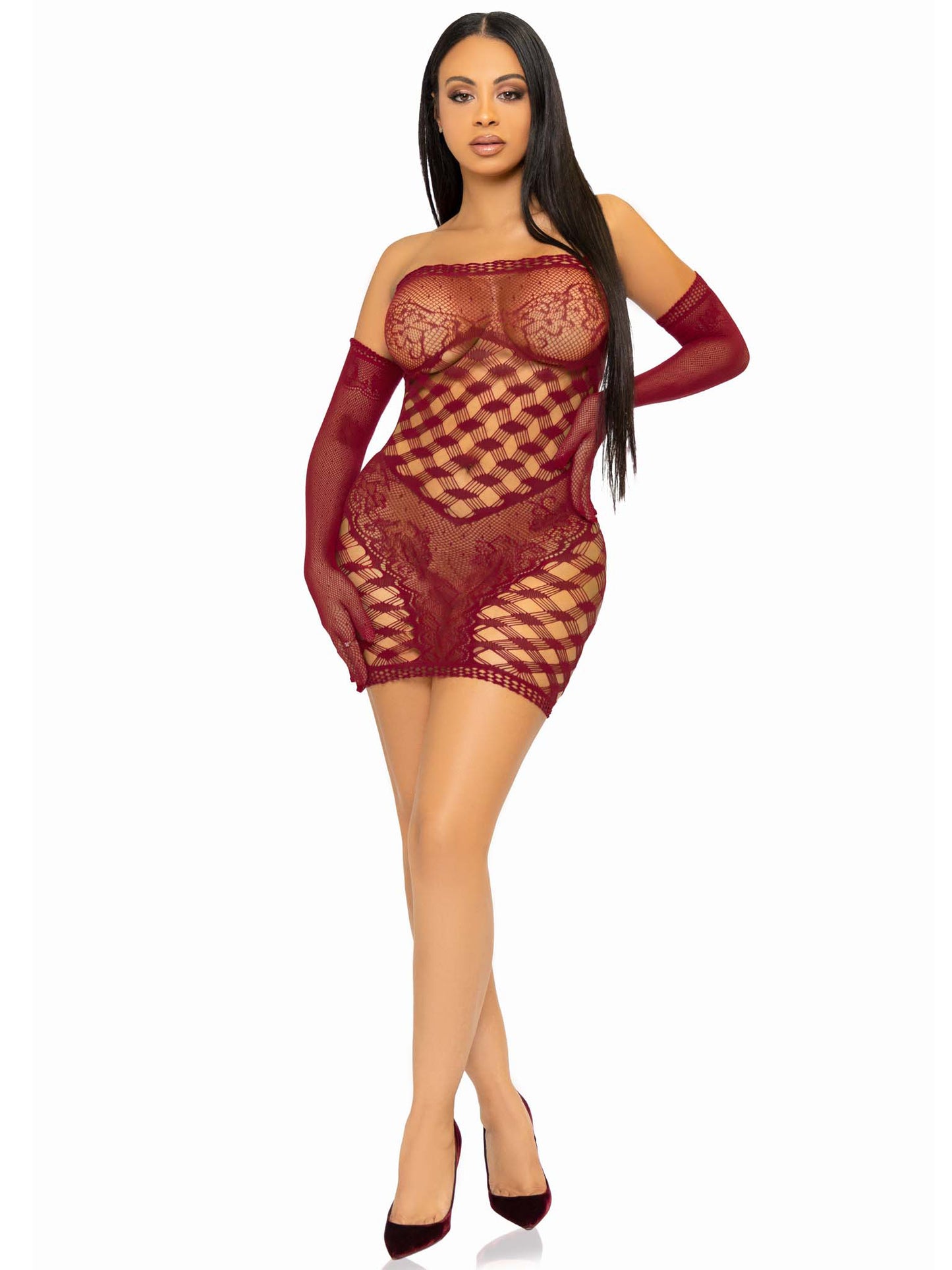 2 Pc Hardcore Net Tube Dress With Gloves - One Size - Burgundy - Not Very Vanilla