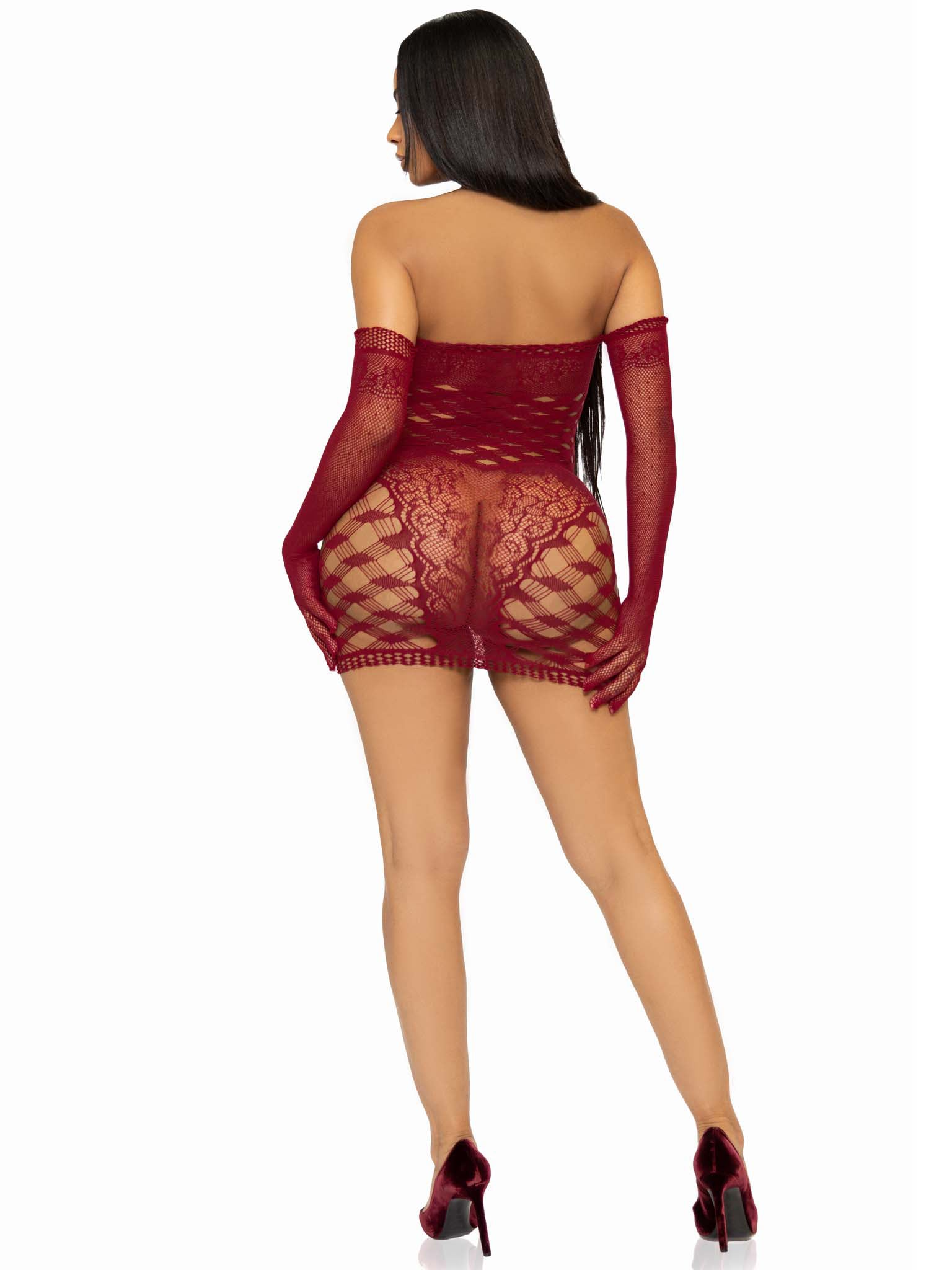 2 Pc Hardcore Net Tube Dress With Gloves - One Size - Burgundy - Not Very Vanilla