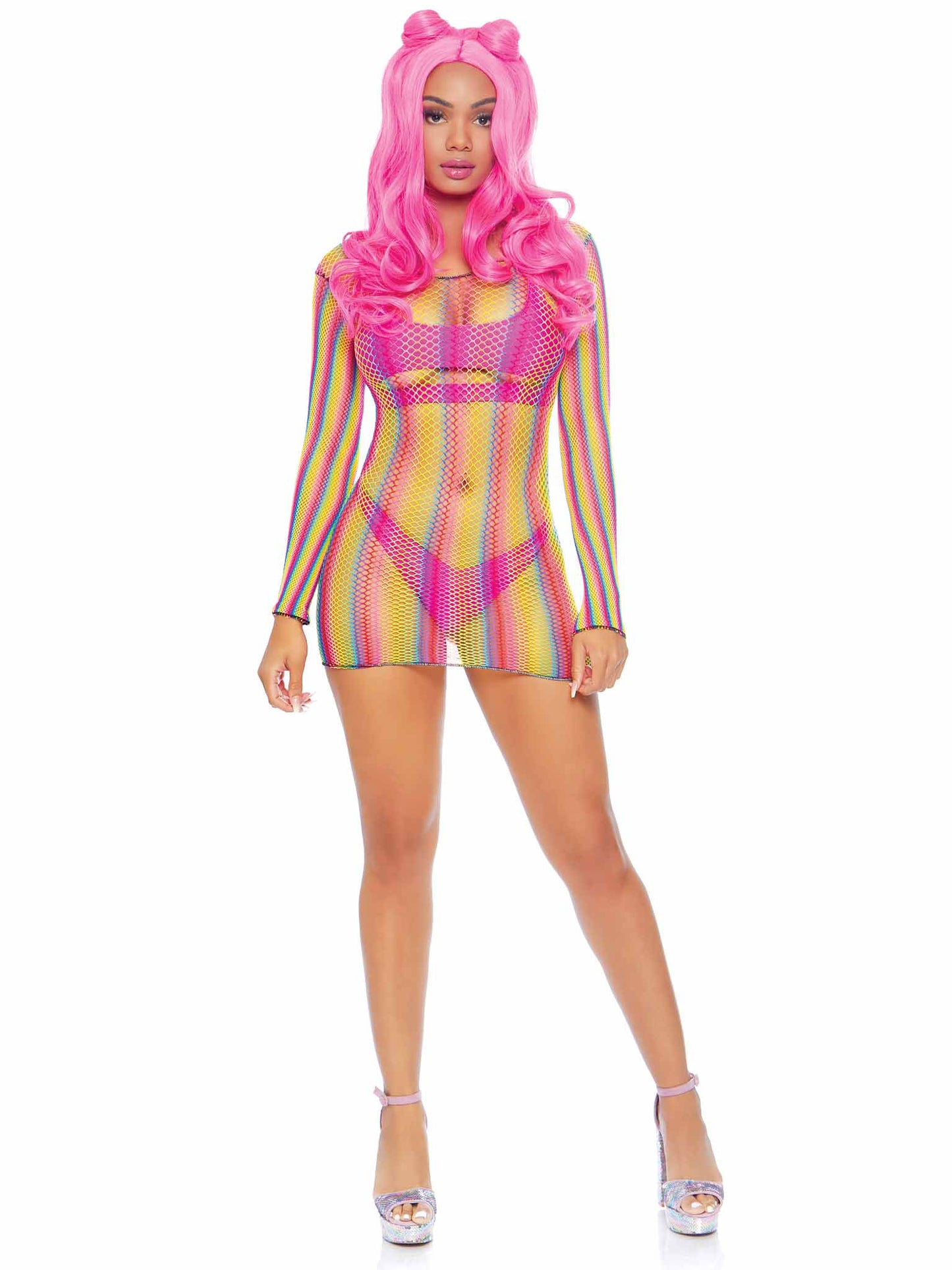 Rainbow Fishnet Long Sleeved Mini Dress - One Size - Rainbow - Not Very Vanilla