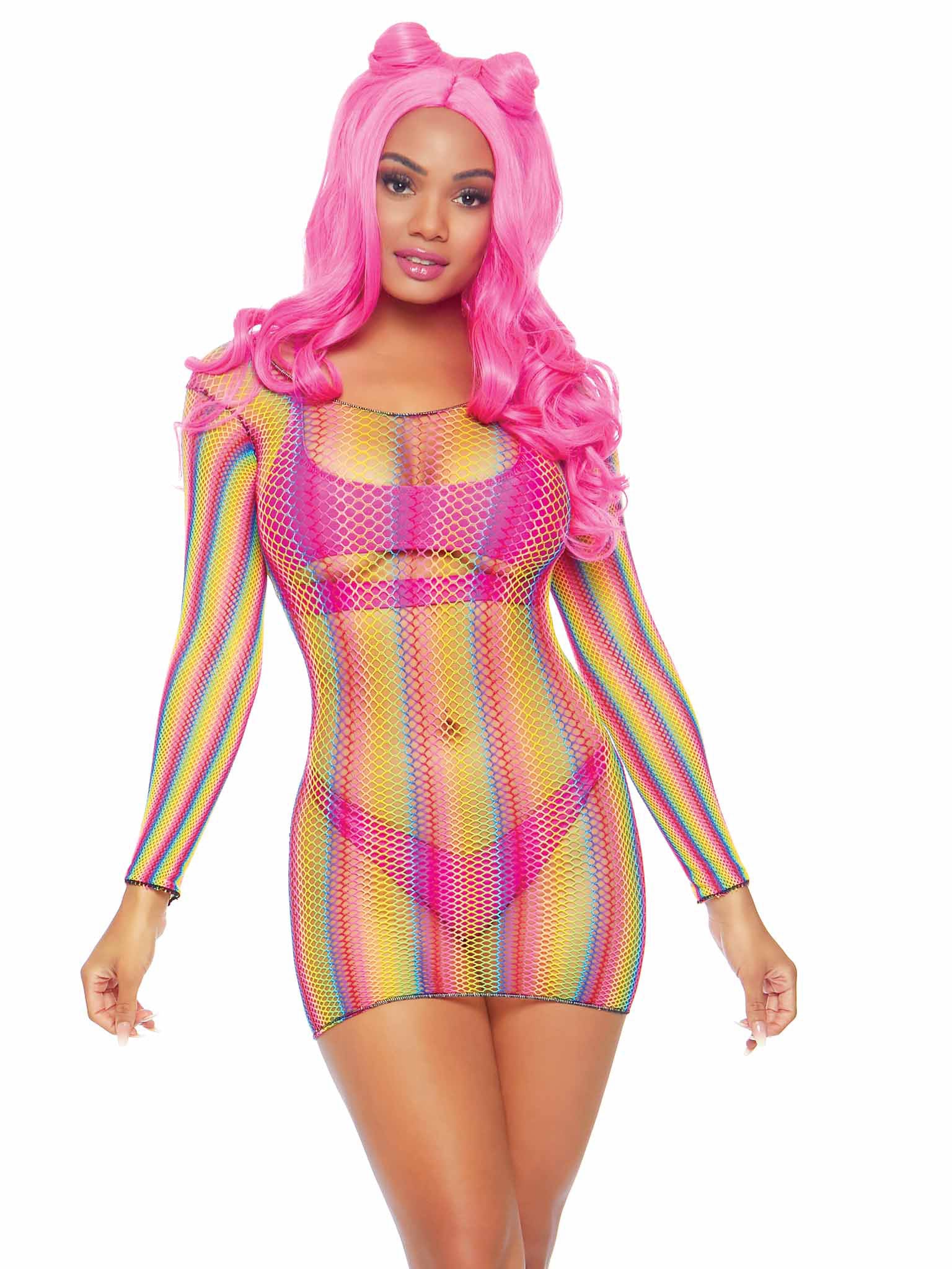 Rainbow Fishnet Long Sleeved Mini Dress - One Size - Rainbow - Not Very Vanilla