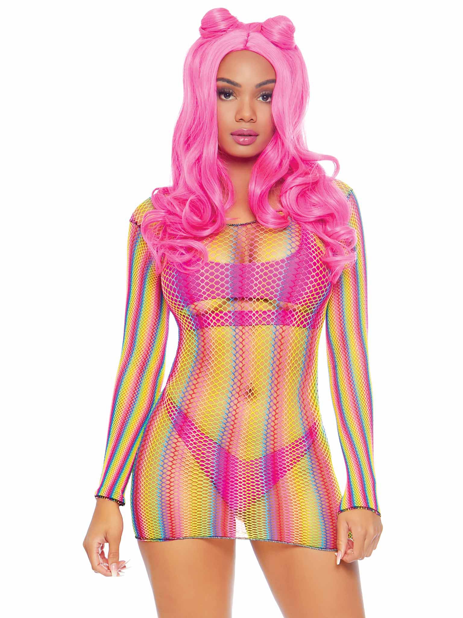 Rainbow Fishnet Long Sleeved Mini Dress - One Size - Rainbow - Not Very Vanilla