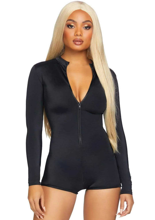 Zipper Front Long Sleeved Matte Romper - Large - Black - Not Very Vanilla