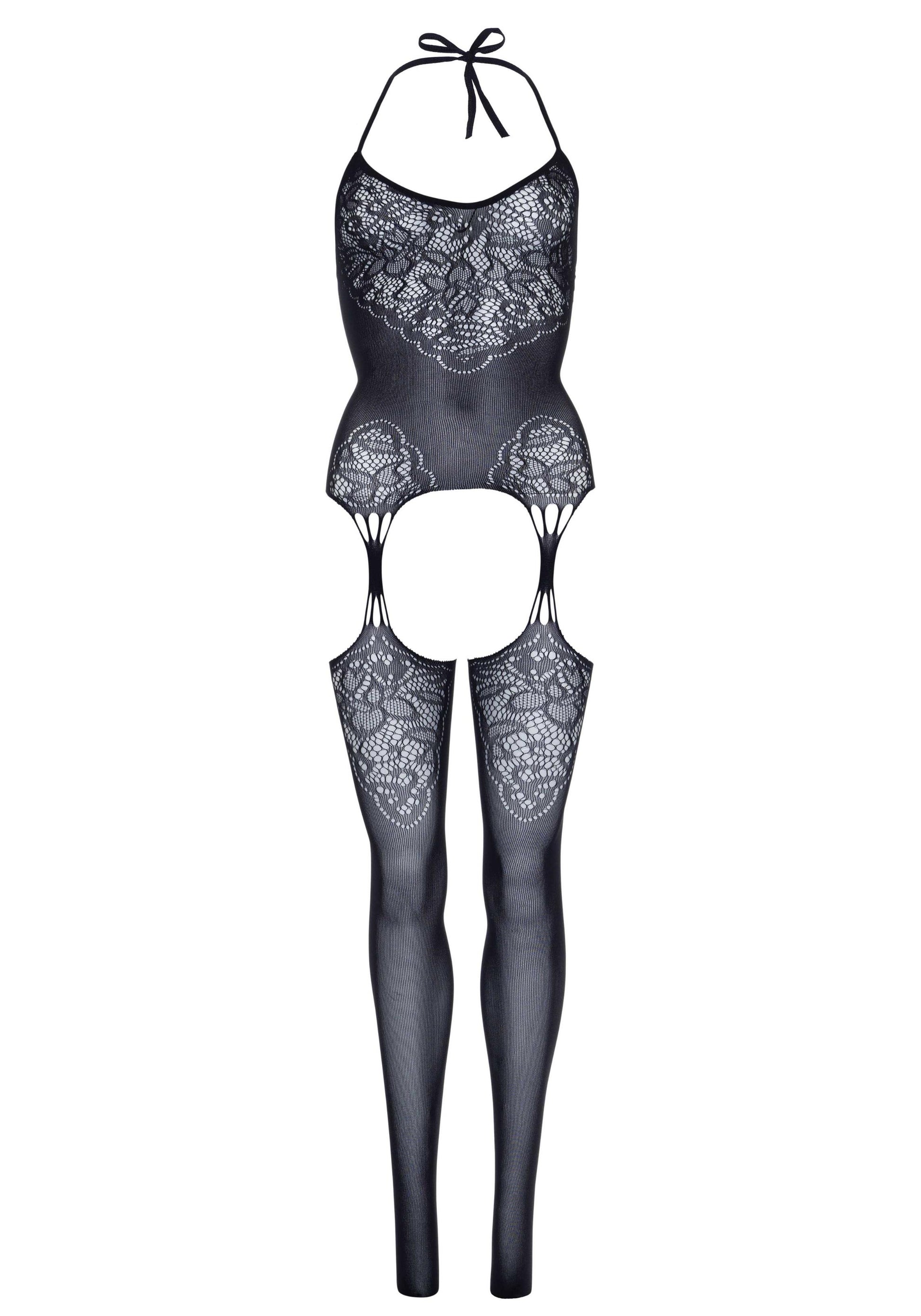 Seamless Lace Jacquard Net Suspender Bodystocking - 1x/2x - Black - Not Very Vanilla