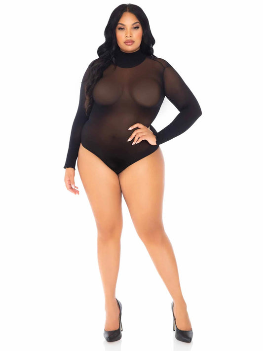 Opaque High Neck Long Sleeve Bodysuit With Snap Crotch - 1x/2x - Black - Not Very Vanilla