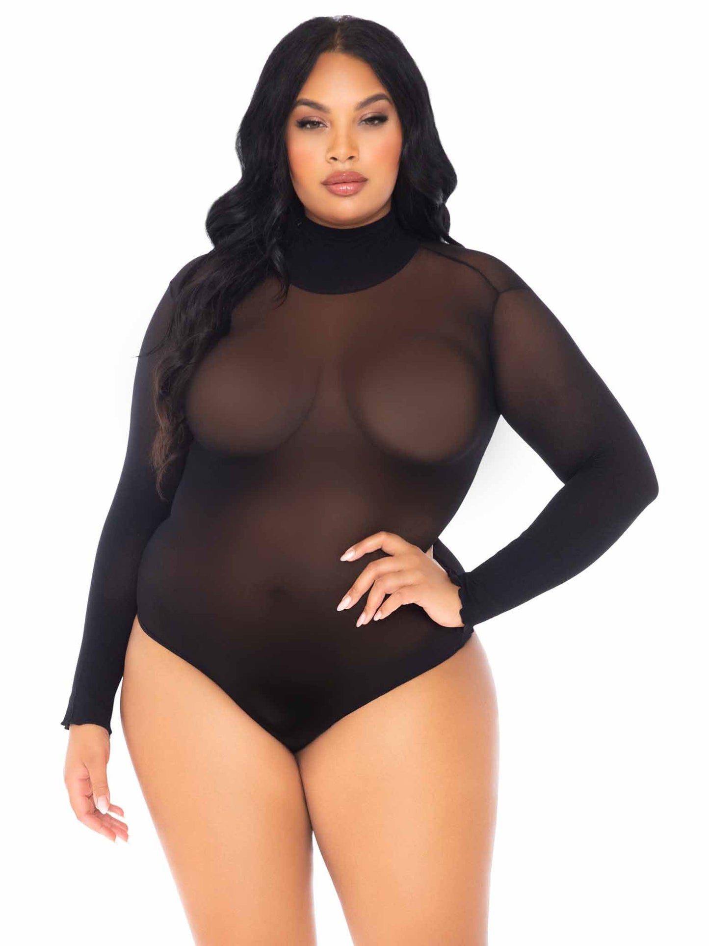 Opaque High Neck Long Sleeve Bodysuit With Snap Crotch - 1x/2x - Black - Not Very Vanilla