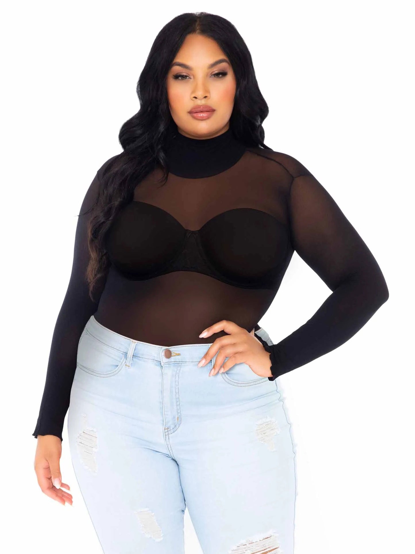 Opaque High Neck Long Sleeve Bodysuit With Snap Crotch - 1x/2x - Black - Not Very Vanilla