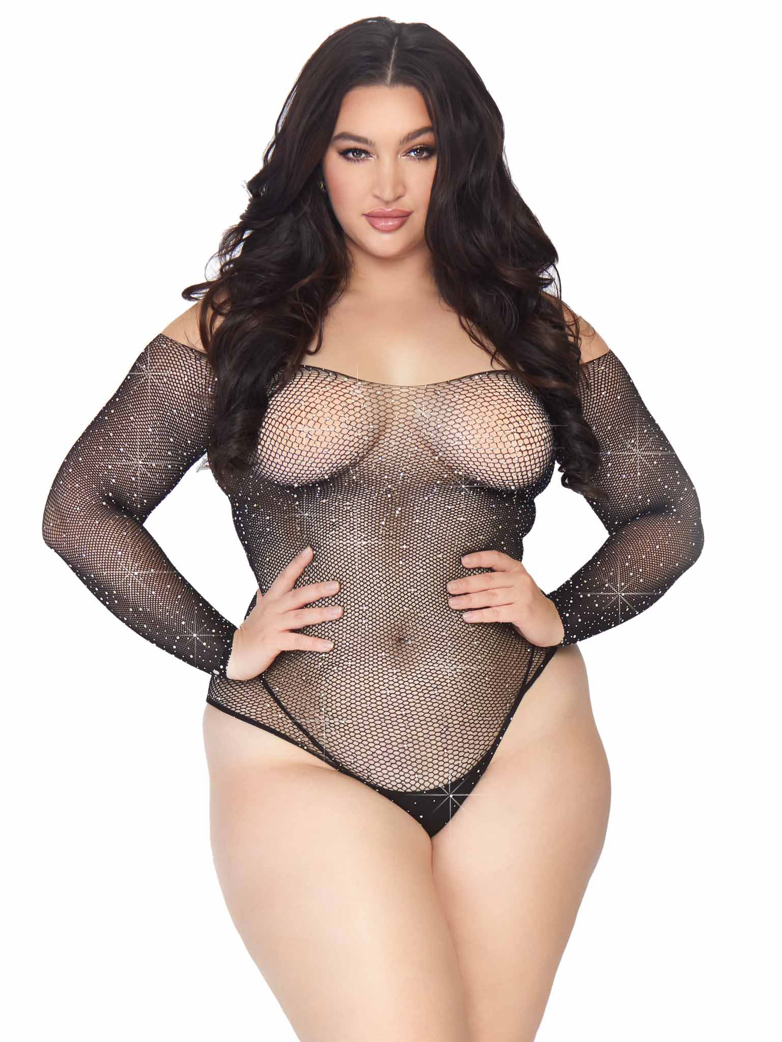 Rhinestone Snap Crotch Bodysuit - 1x/2x - Black - Not Very Vanilla