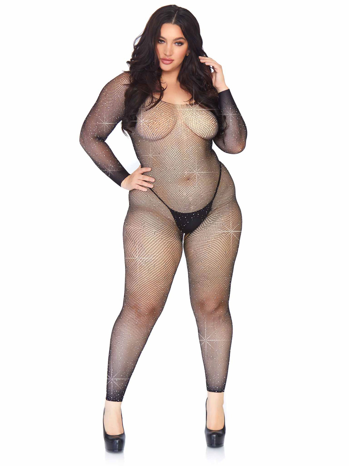 Crystalized Seamless Fishnet Long Sleeved Bodystocking - 1x/2x - Black - Not Very Vanilla