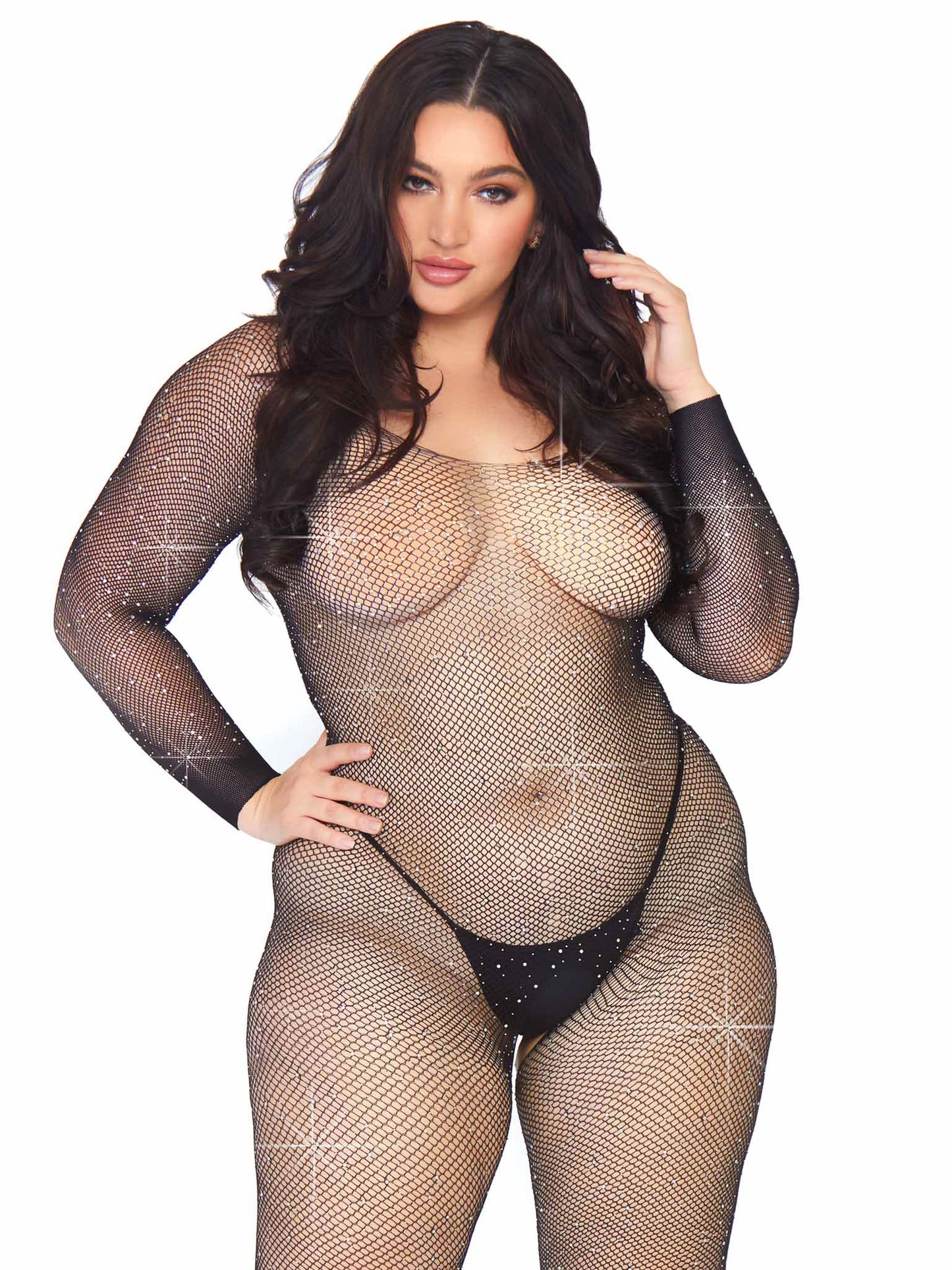 Crystalized Seamless Fishnet Long Sleeved Bodystocking - 1x/2x - Black - Not Very Vanilla