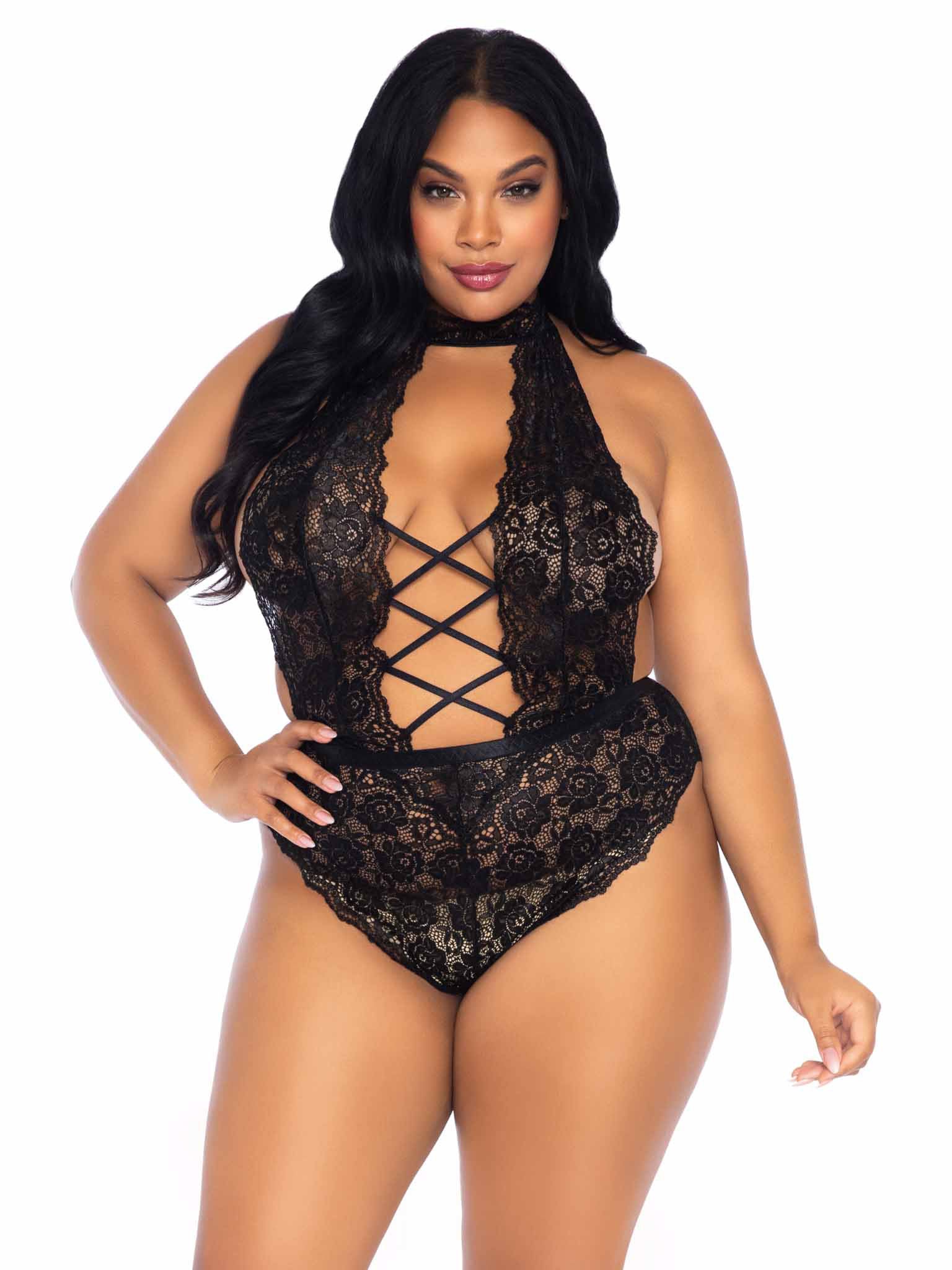 Floral Lace Crotchless Teddy - 1x/2x - Black - Not Very Vanilla