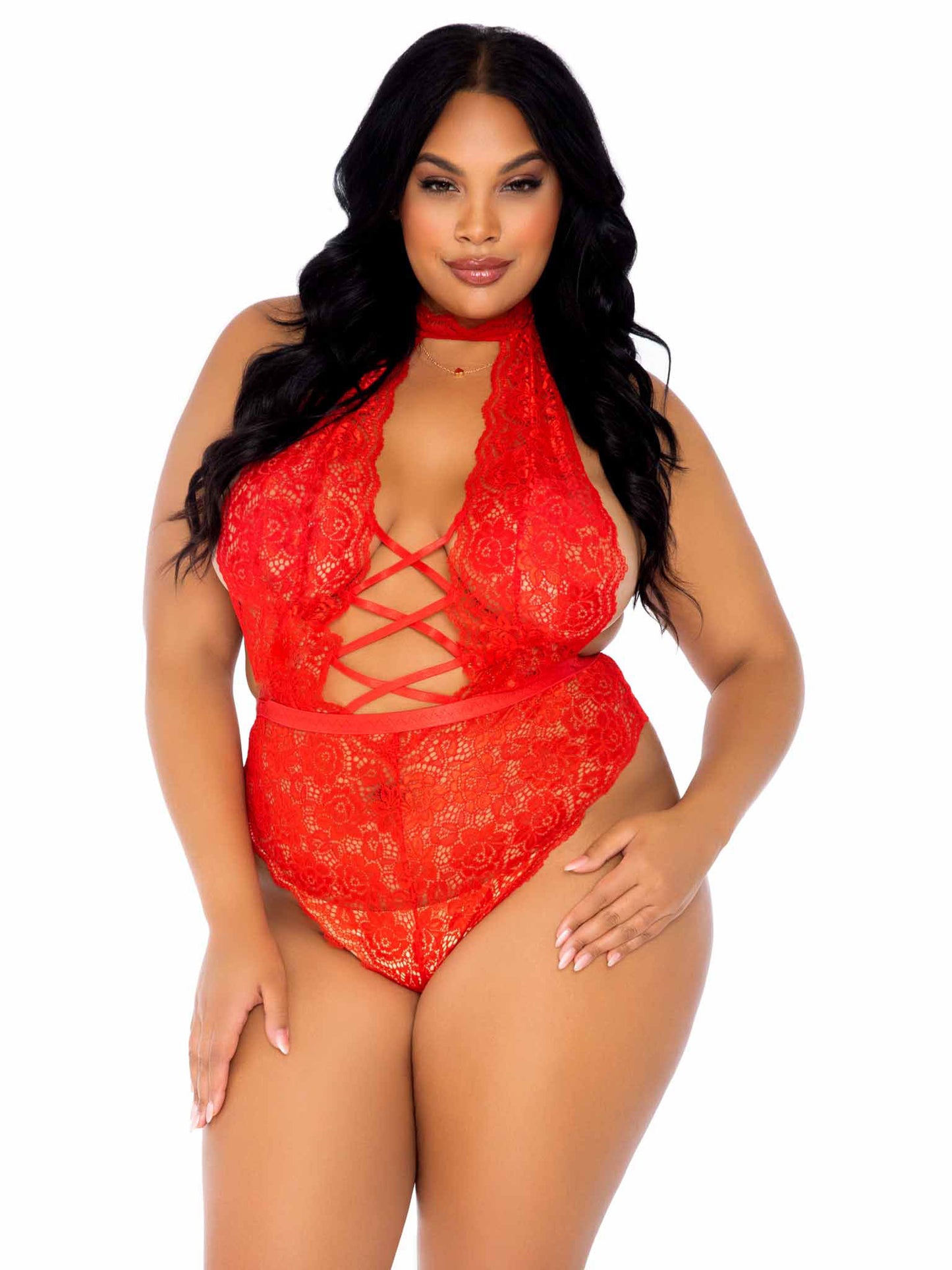 Floral Lace Crotchless Teddy - 1x/2x - Red - Not Very Vanilla