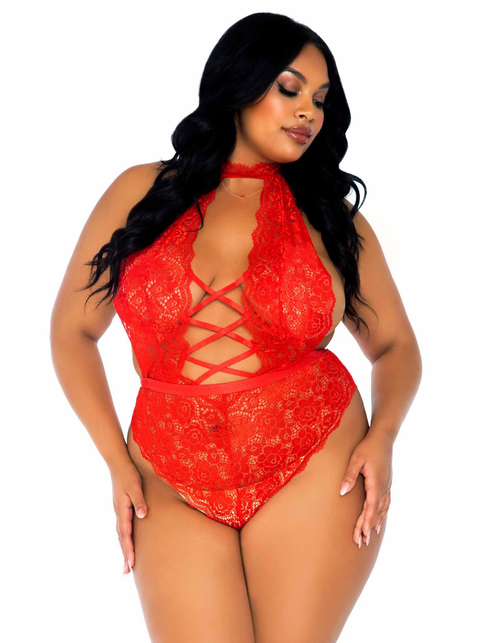 Floral Lace Crotchless Teddy - 1x/2x - Red - Not Very Vanilla