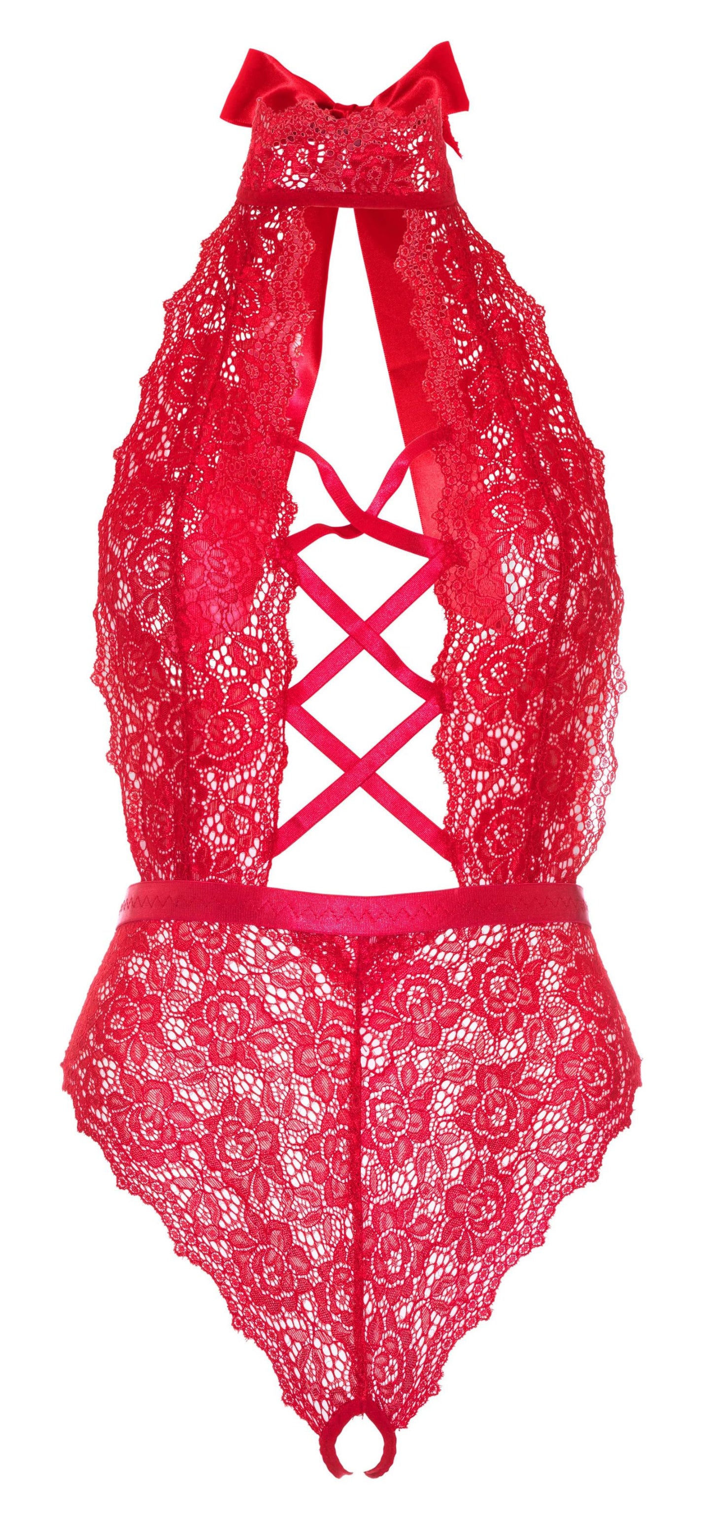 Floral Lace Crotchless Teddy - 1x/2x - Red - Not Very Vanilla