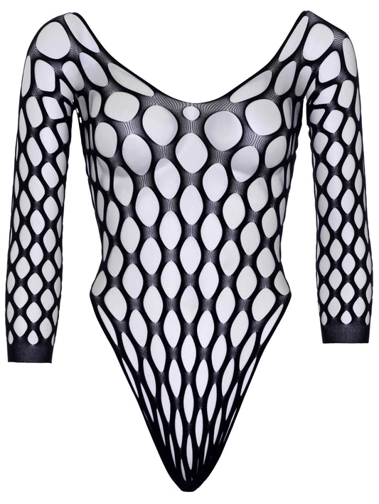 Pothole Net 3/4 Sleeve Bodysuit - One Size - Black - Not Very Vanilla