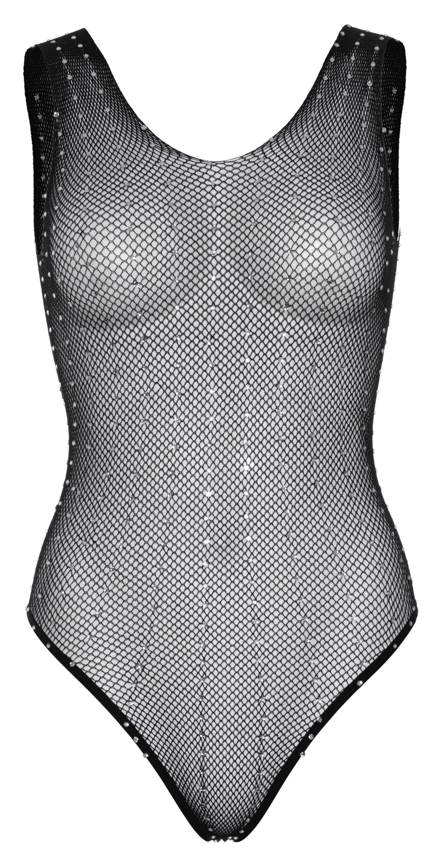 Rhinestone Fishnet Snap Crotch Bodysuit - One Size - Black - Not Very Vanilla